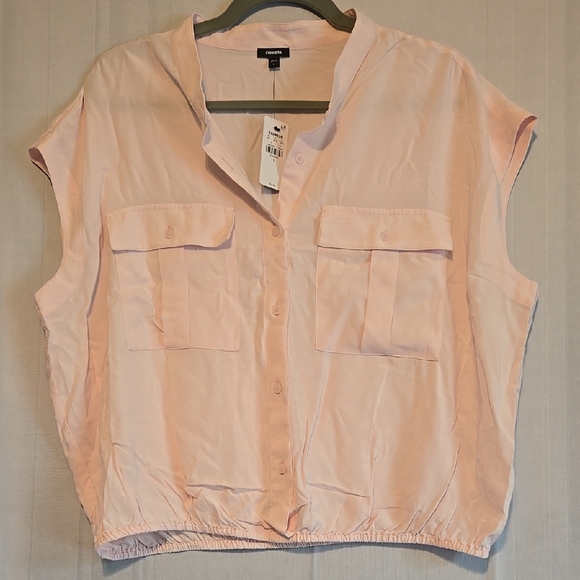 Express Tops - Express Pink Button-Up Blouse Bubble Hem Top Size L